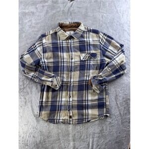 Legendary Whitetails Men's Medium Blue Beige Plaid Flannel Button Shirt Cotton